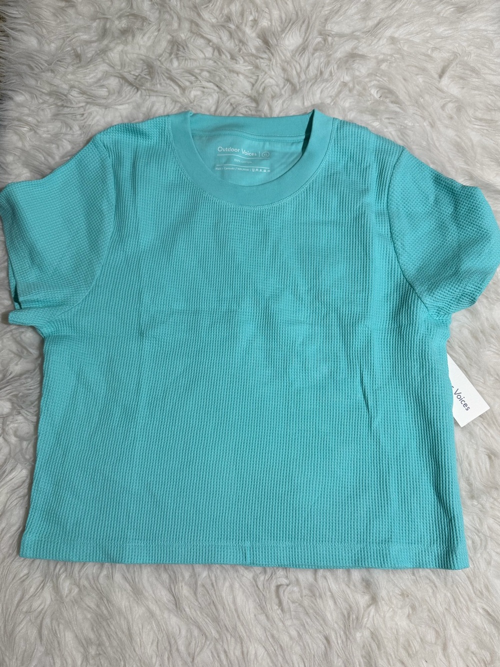 NWT Outdoor Voices XL Waffle Knit Baby Tee Shirt Top Sea Green Turquoise Cropped